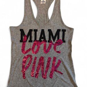 Y2K Victoria's Secret gray tank top with pink sequins "Miami Love Pink" graphic.